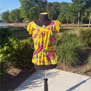 Y2K Twenty One Yellow Floral Peplum Flutter Sleeve Top Made USA M